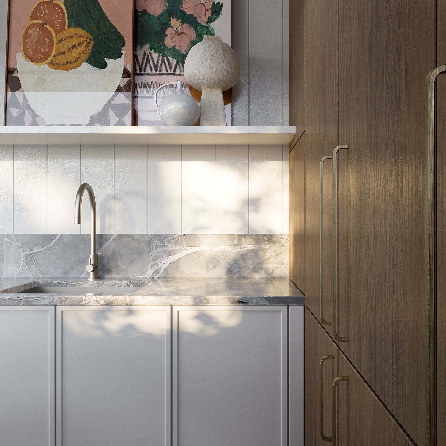 Modern kitchen detail with marble countertop, sleek faucet, wood cabinetry, and decorative artwork on floating shelf – Ren Studio.